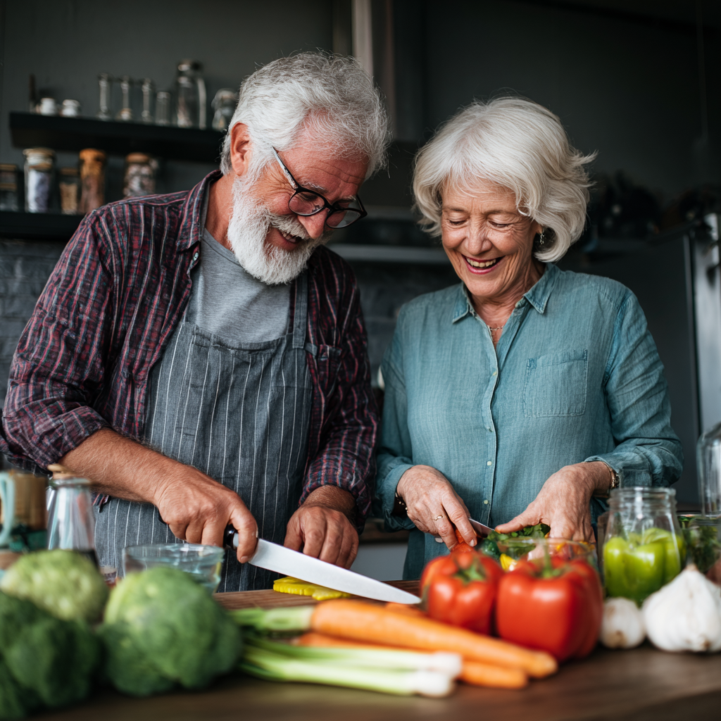 Happy elderly European couple preparing healthy meal together in bright kitchen